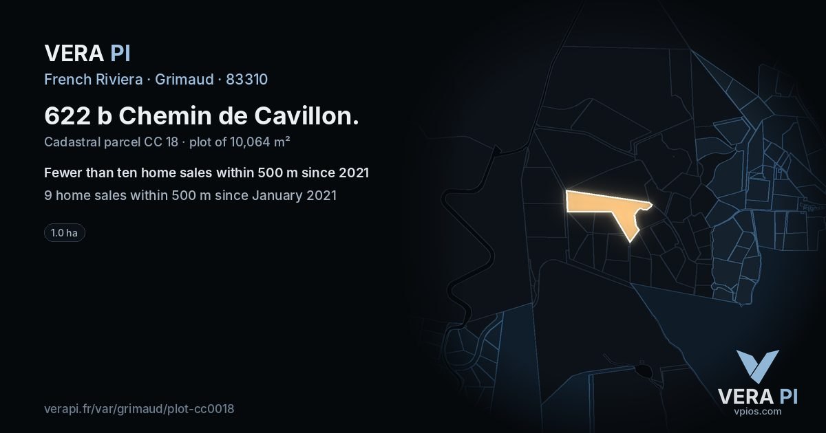 622 b Chemin de Cavillon, Grimaud at night – the plot lit, the parcels around coloured by the prices near them