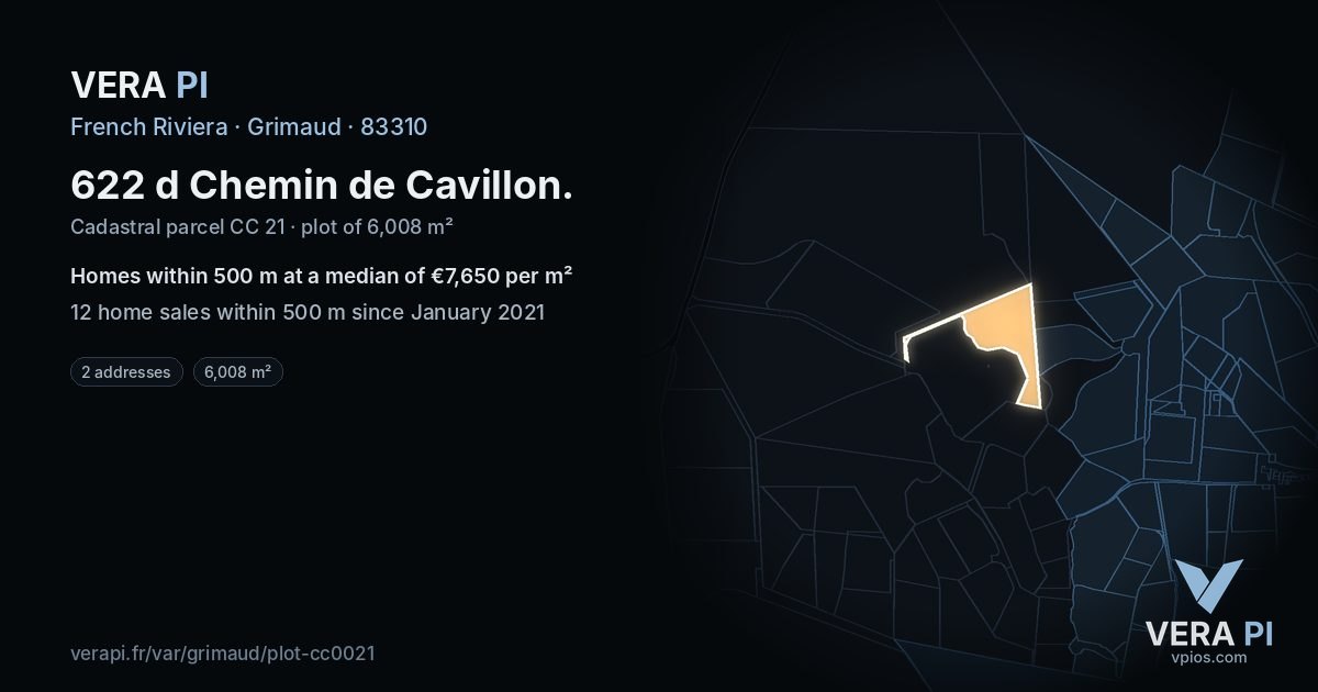 622 d Chemin de Cavillon, Grimaud at night – the plot lit, the parcels around coloured by the prices near them