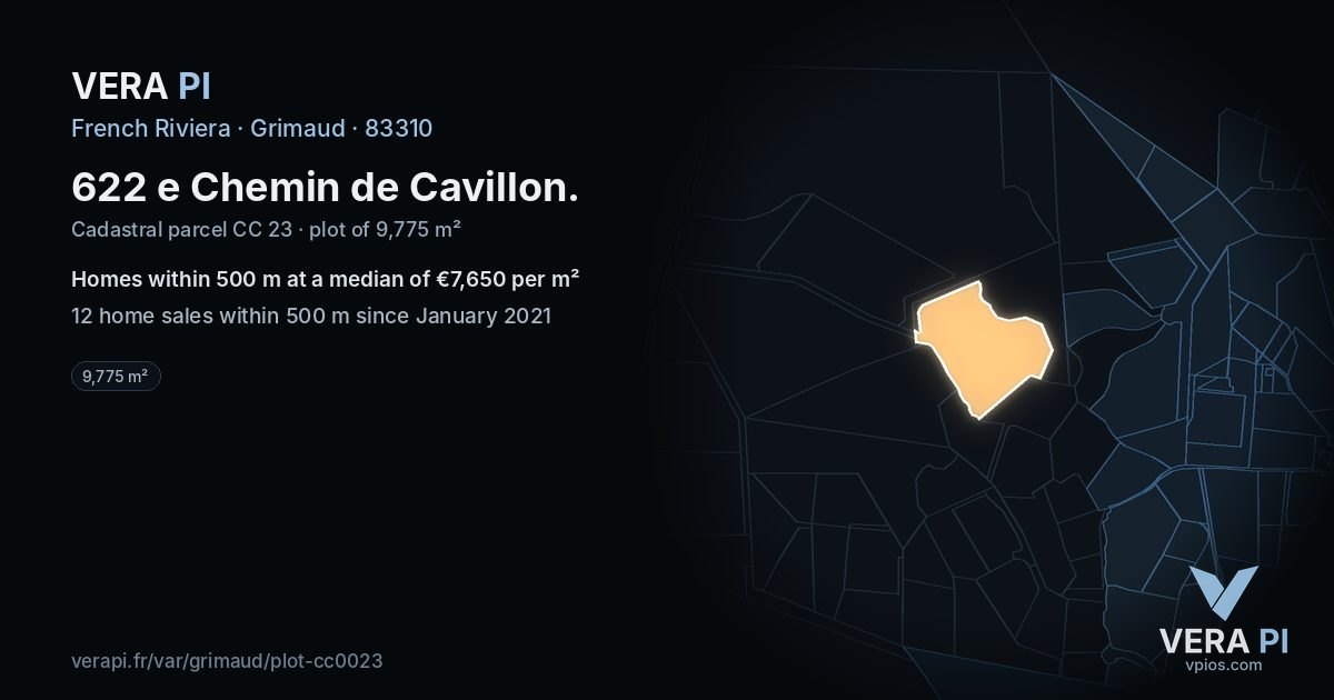 622 e Chemin de Cavillon, Grimaud at night – the plot lit, the parcels around coloured by the prices near them