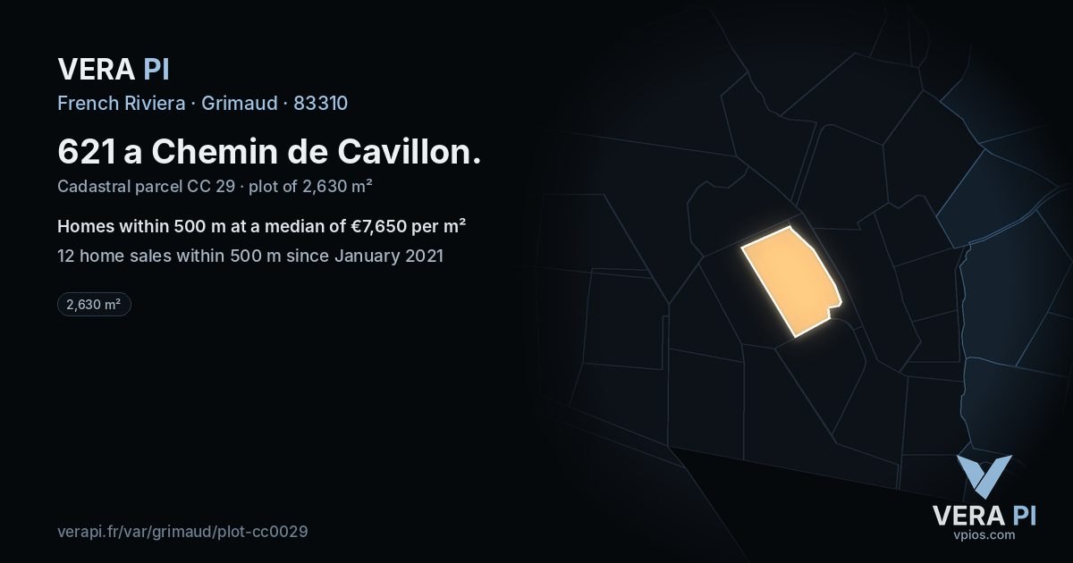 621 a Chemin de Cavillon, Grimaud at night – the plot lit, the parcels around coloured by the prices near them