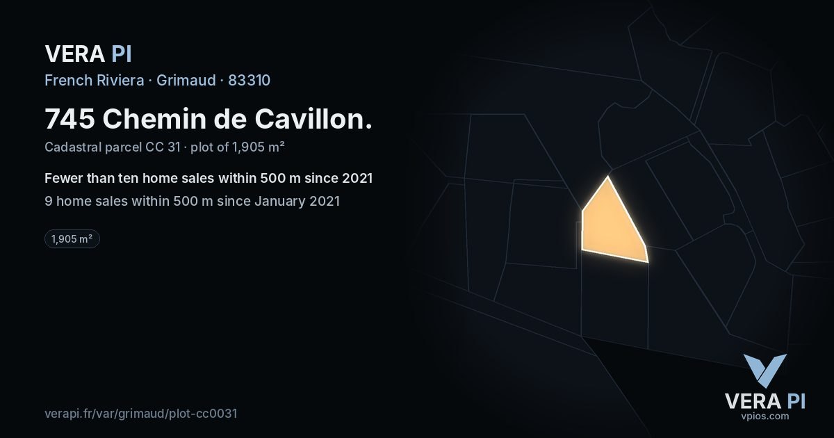 745 Chemin de Cavillon, Grimaud at night – the plot lit, the parcels around coloured by the prices near them
