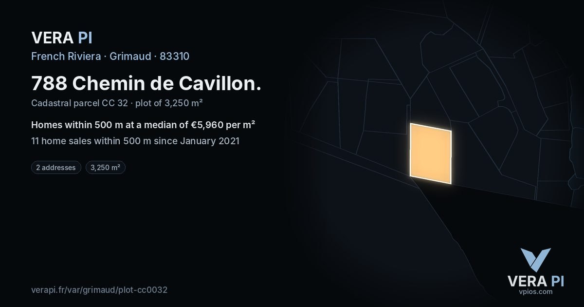 788 Chemin de Cavillon, Grimaud at night – the plot lit, the parcels around coloured by the prices near them