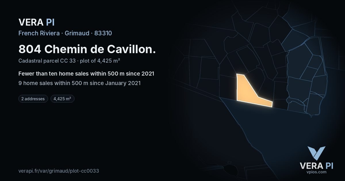 804 Chemin de Cavillon, Grimaud at night – the plot lit, the parcels around coloured by the prices near them