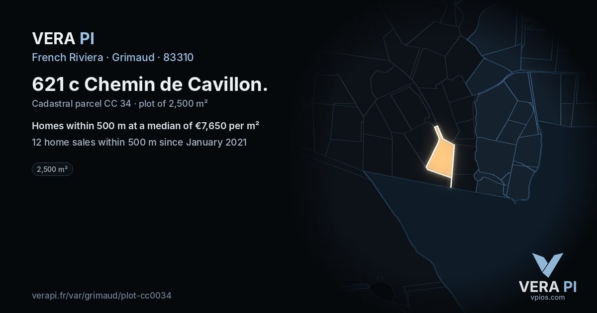 621 c Chemin de Cavillon, Grimaud at night – the plot lit, the parcels around coloured by the prices near them