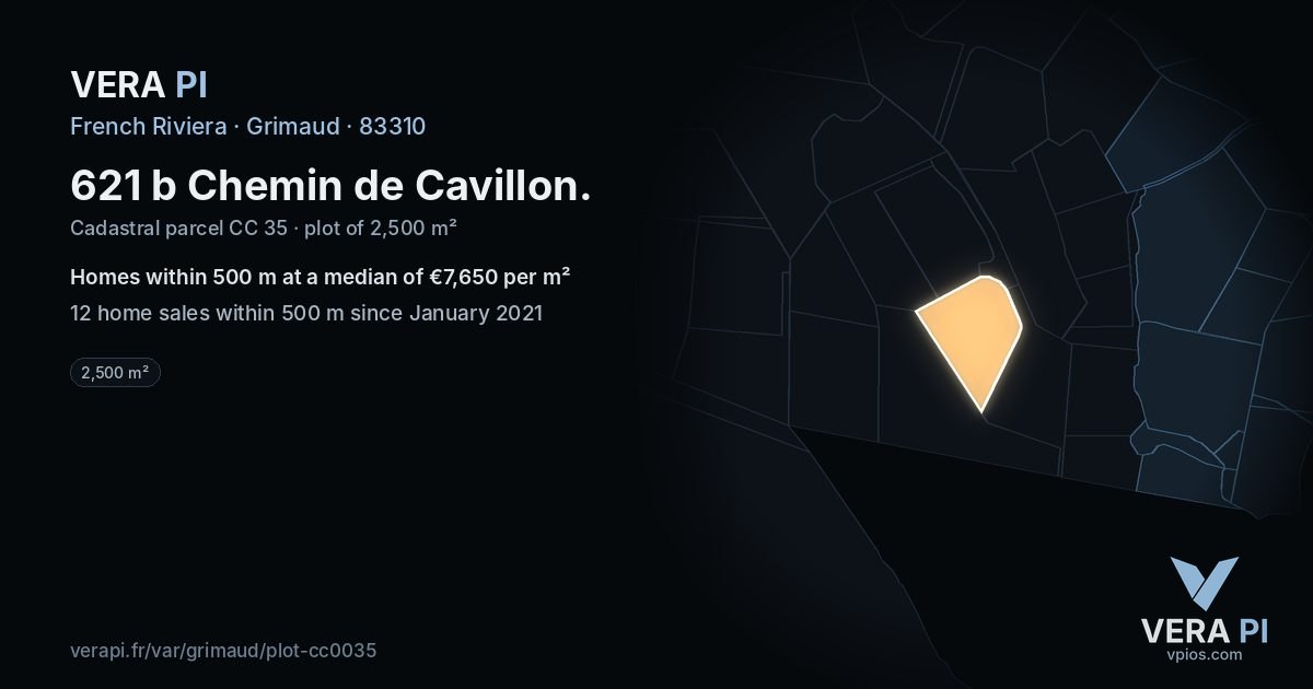 621 b Chemin de Cavillon, Grimaud at night – the plot lit, the parcels around coloured by the prices near them