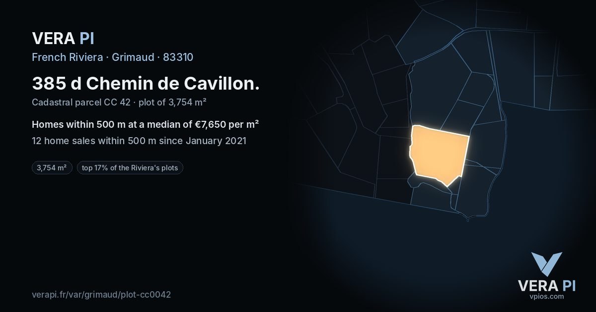 385 d Chemin de Cavillon, Grimaud at night – the plot lit, the parcels around coloured by the prices near them