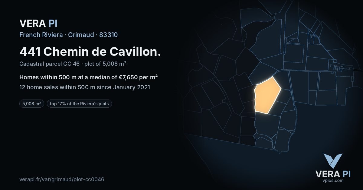 441 Chemin de Cavillon, Grimaud at night – the plot lit, the parcels around coloured by the prices near them