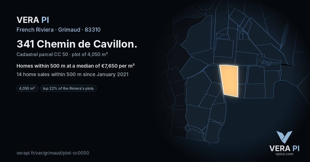 341 Chemin de Cavillon, Grimaud at night – the plot lit, the parcels around coloured by the prices near them