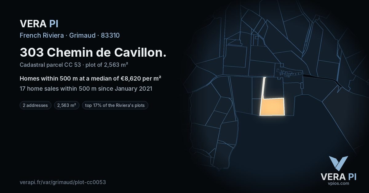 303 Chemin de Cavillon, Grimaud at night – the plot lit, the parcels around coloured by the prices near them