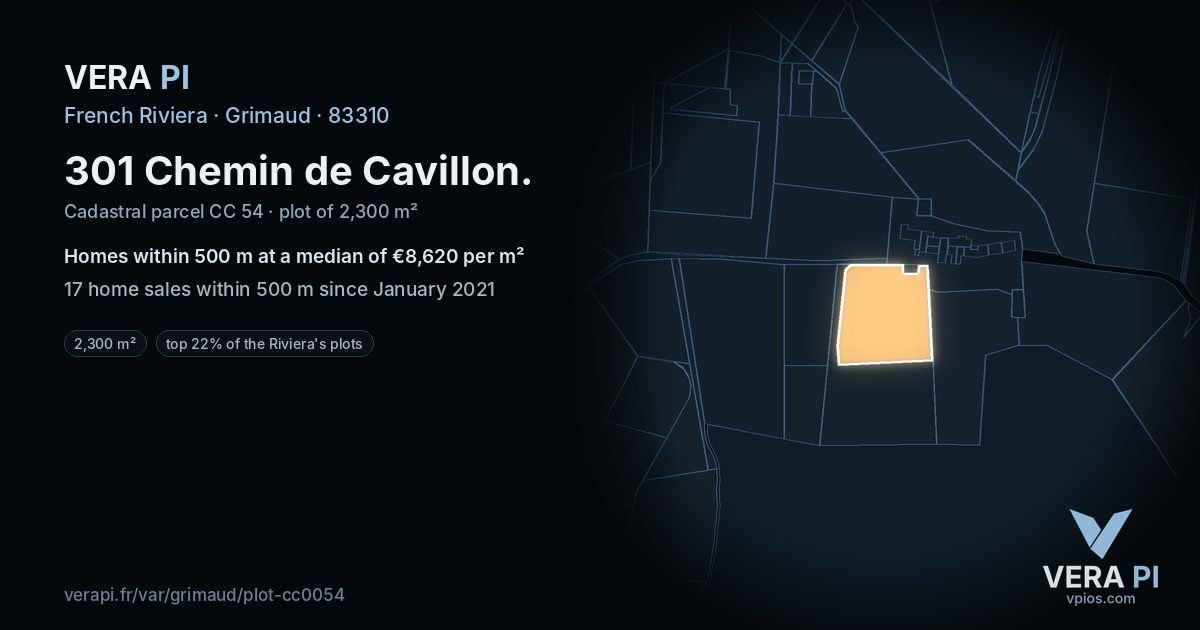 301 Chemin de Cavillon, Grimaud at night – the plot lit, the parcels around coloured by the prices near them