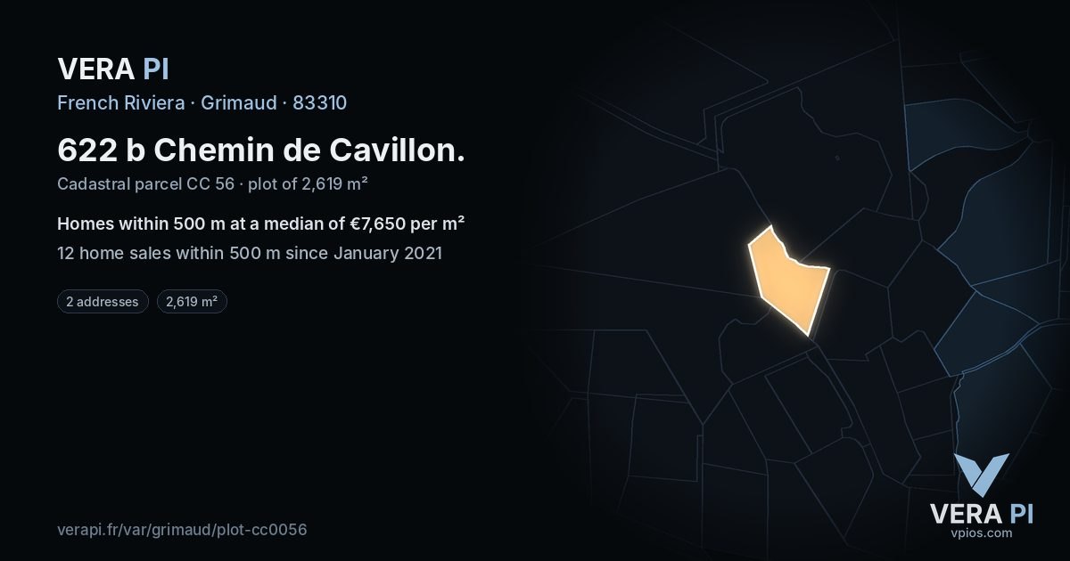 622 b Chemin de Cavillon, Grimaud at night – the plot lit, the parcels around coloured by the prices near them