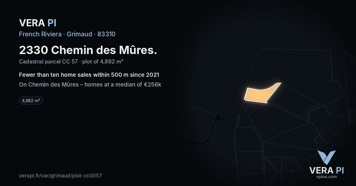 2330 Chemin des Mûres, Grimaud at night – the plot lit, the parcels around coloured by the prices near them