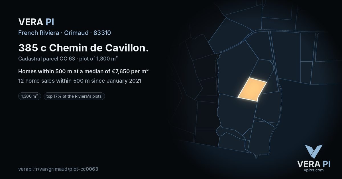 385 c Chemin de Cavillon, Grimaud at night – the plot lit, the parcels around coloured by the prices near them