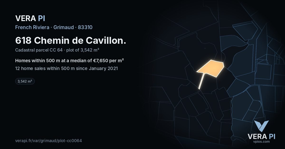 618 Chemin de Cavillon, Grimaud at night – the plot lit, the parcels around coloured by the prices near them