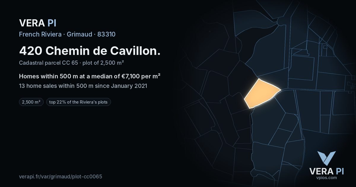 420 Chemin de Cavillon, Grimaud at night – the plot lit, the parcels around coloured by the prices near them