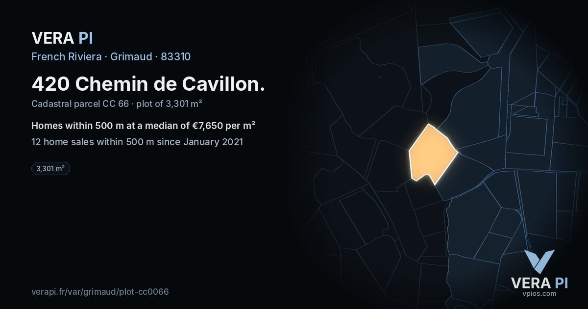 420 Chemin de Cavillon, Grimaud at night – the plot lit, the parcels around coloured by the prices near them