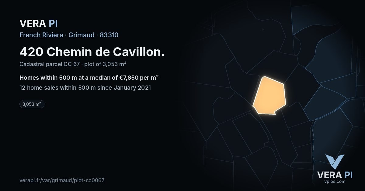 420 Chemin de Cavillon, Grimaud at night – the plot lit, the parcels around coloured by the prices near them