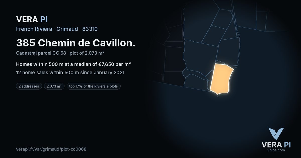 385 Chemin de Cavillon, Grimaud at night – the plot lit, the parcels around coloured by the prices near them