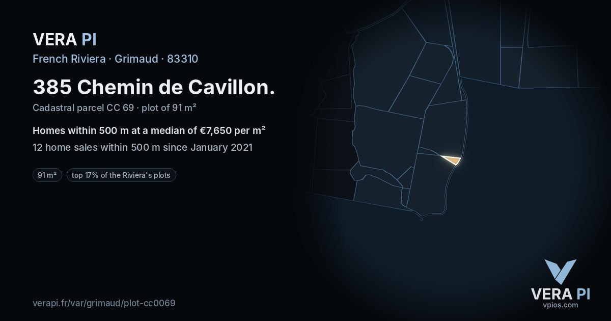 385 Chemin de Cavillon, Grimaud at night – the plot lit, the parcels around coloured by the prices near them