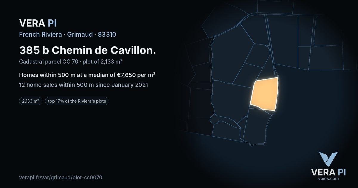 385 b Chemin de Cavillon, Grimaud at night – the plot lit, the parcels around coloured by the prices near them