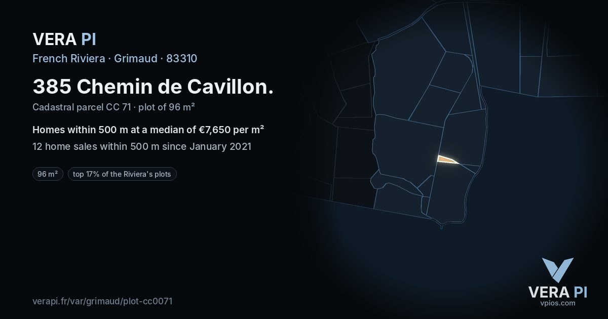 385 Chemin de Cavillon, Grimaud at night – the plot lit, the parcels around coloured by the prices near them