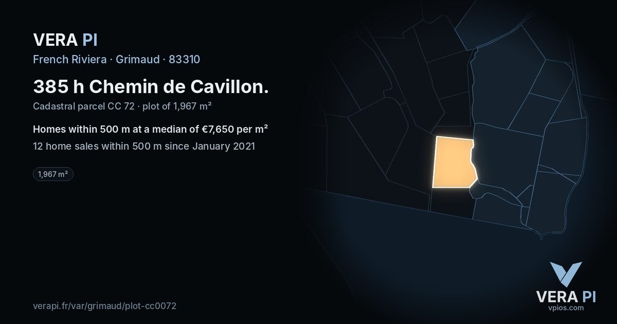 385 h Chemin de Cavillon, Grimaud at night – the plot lit, the parcels around coloured by the prices near them