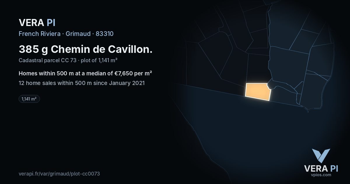 385 g Chemin de Cavillon, Grimaud at night – the plot lit, the parcels around coloured by the prices near them