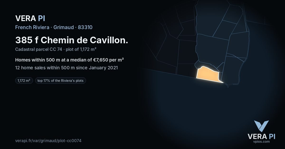 385 f Chemin de Cavillon, Grimaud at night – the plot lit, the parcels around coloured by the prices near them
