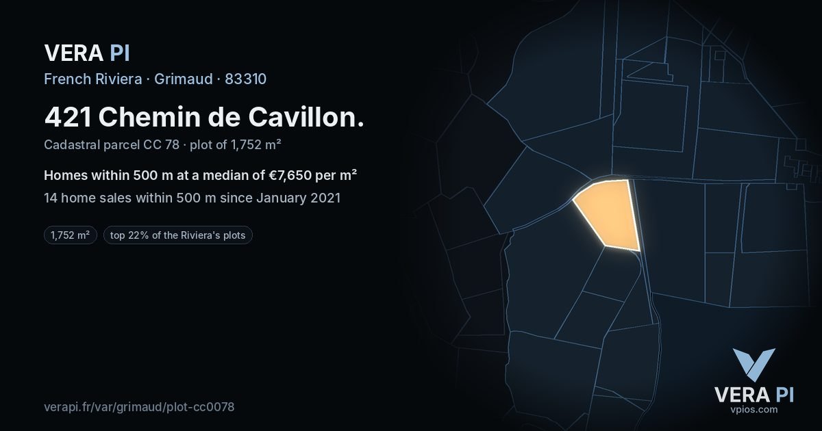 421 Chemin de Cavillon, Grimaud at night – the plot lit, the parcels around coloured by the prices near them