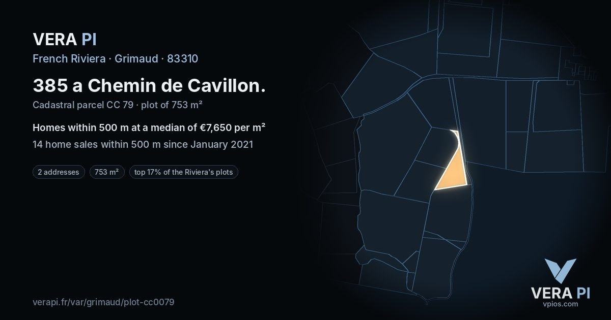 385 a Chemin de Cavillon, Grimaud at night – the plot lit, the parcels around coloured by the prices near them