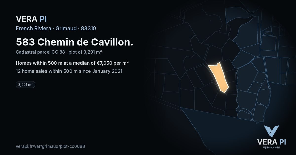 583 Chemin de Cavillon, Grimaud at night – the plot lit, the parcels around coloured by the prices near them