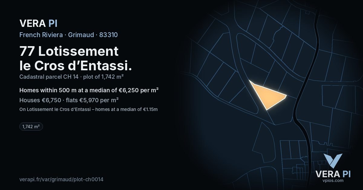 77 Lotissement le Cros d’Entassi, Grimaud at night – the plot lit, the parcels around coloured by the prices near them