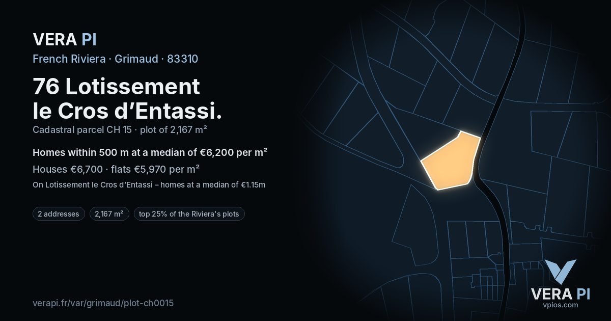 76 Lotissement le Cros d’Entassi, Grimaud at night – the plot lit, the parcels around coloured by the prices near them
