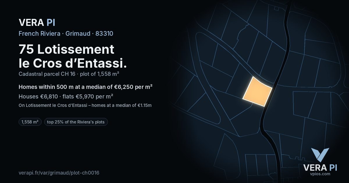 75 Lotissement le Cros d’Entassi, Grimaud at night – the plot lit, the parcels around coloured by the prices near them