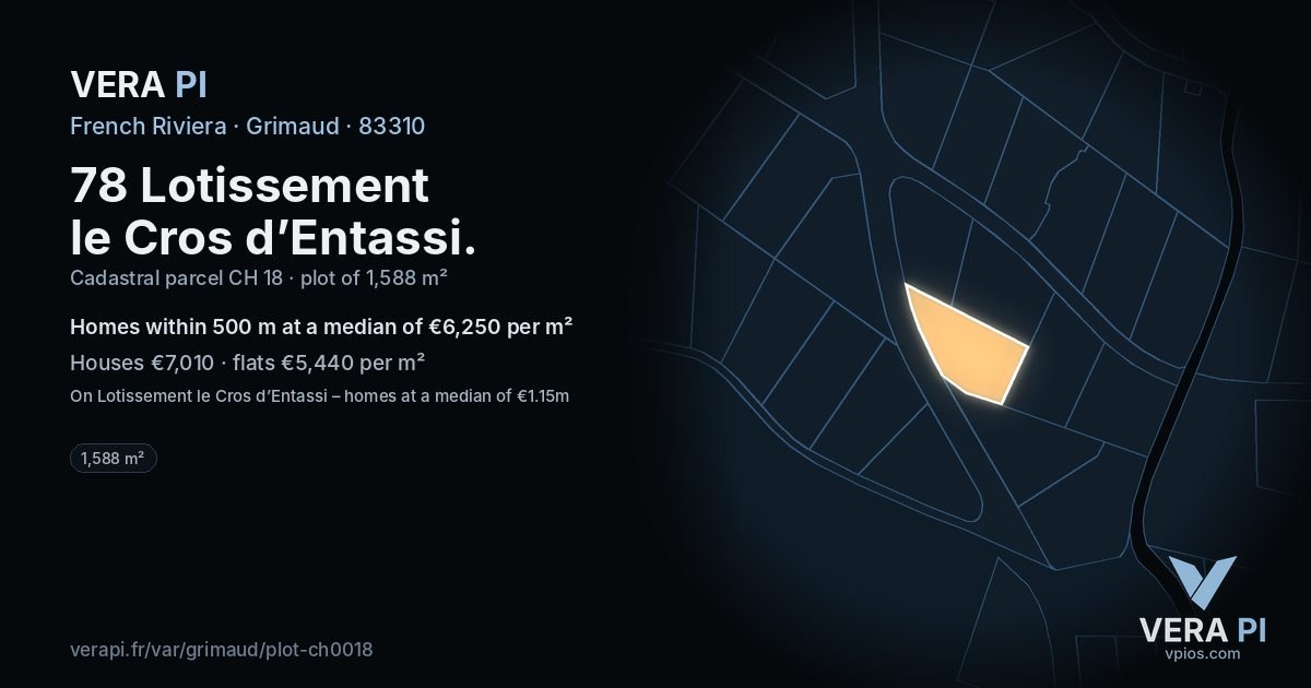 78 Lotissement le Cros d’Entassi, Grimaud at night – the plot lit, the parcels around coloured by the prices near them