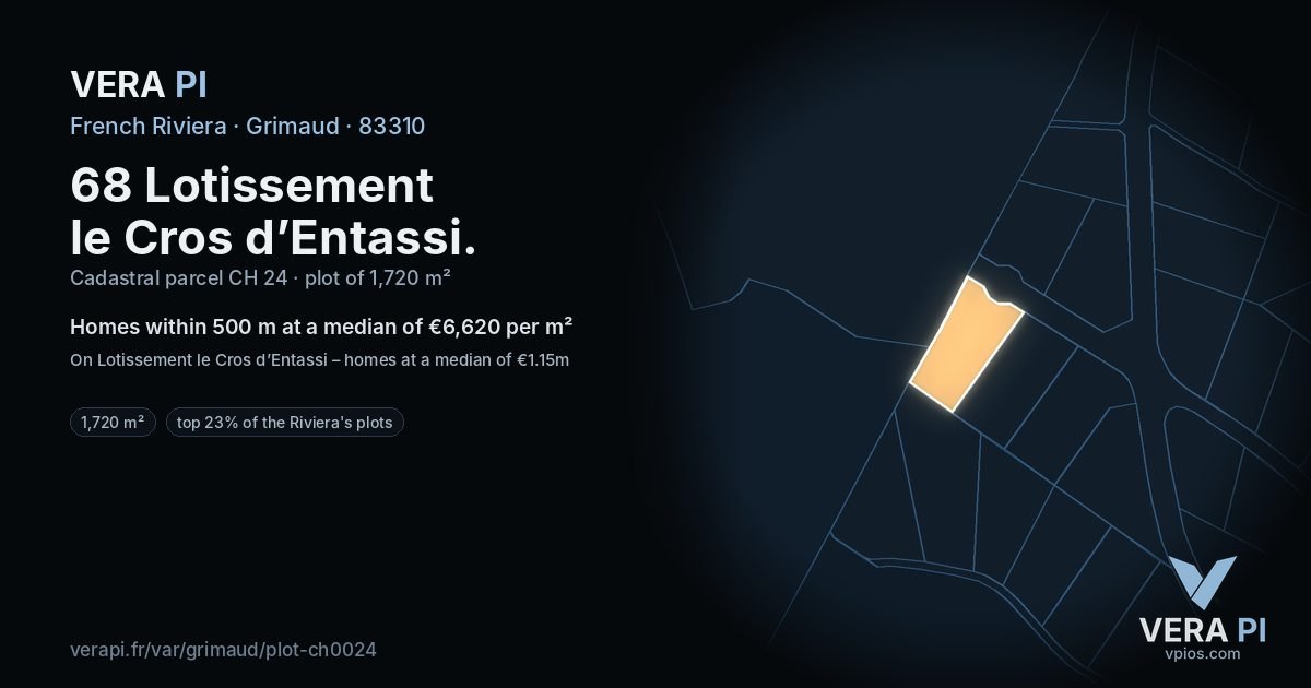 68 Lotissement le Cros d’Entassi, Grimaud at night – the plot lit, the parcels around coloured by the prices near them