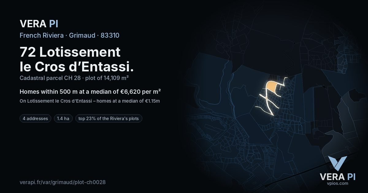 72 Lotissement le Cros d’Entassi, Grimaud at night – the plot lit, the parcels around coloured by the prices near them