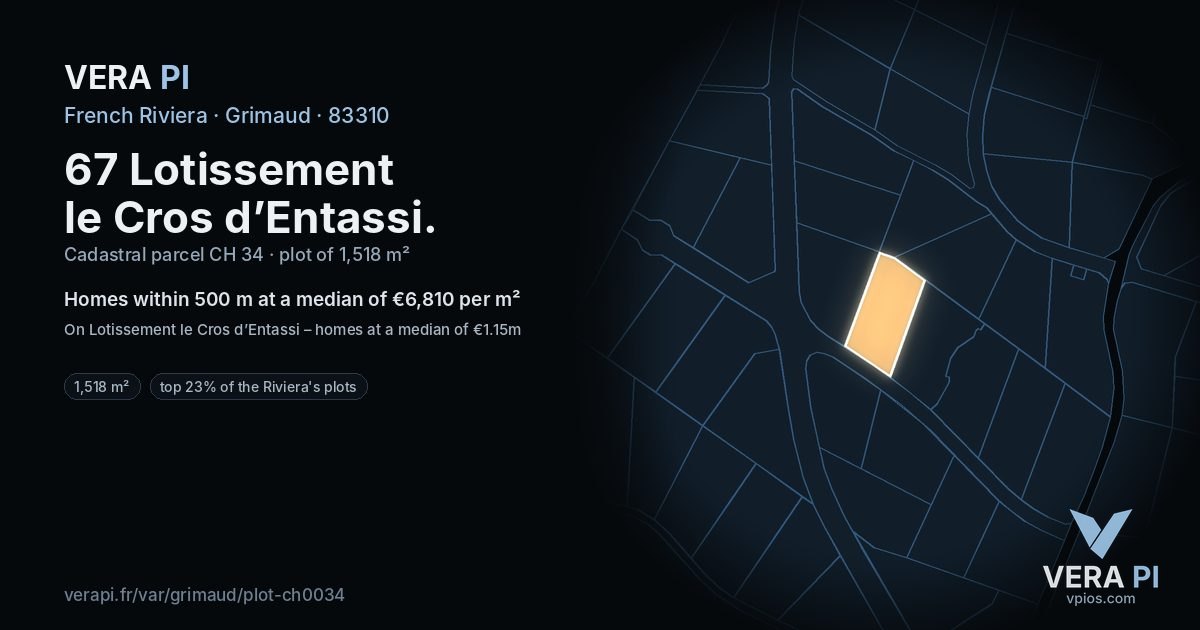 67 Lotissement le Cros d’Entassi, Grimaud at night – the plot lit, the parcels around coloured by the prices near them