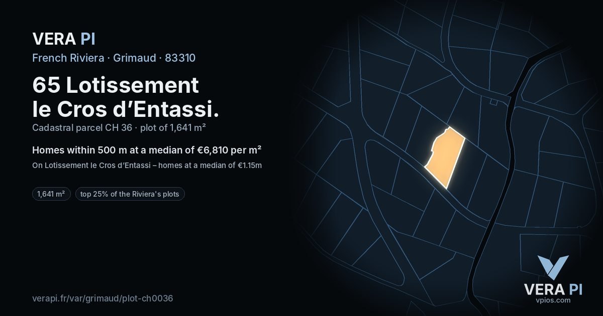 65 Lotissement le Cros d’Entassi, Grimaud at night – the plot lit, the parcels around coloured by the prices near them