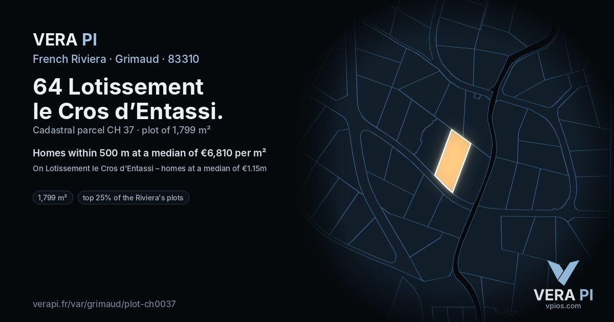 64 Lotissement le Cros d’Entassi, Grimaud at night – the plot lit, the parcels around coloured by the prices near them