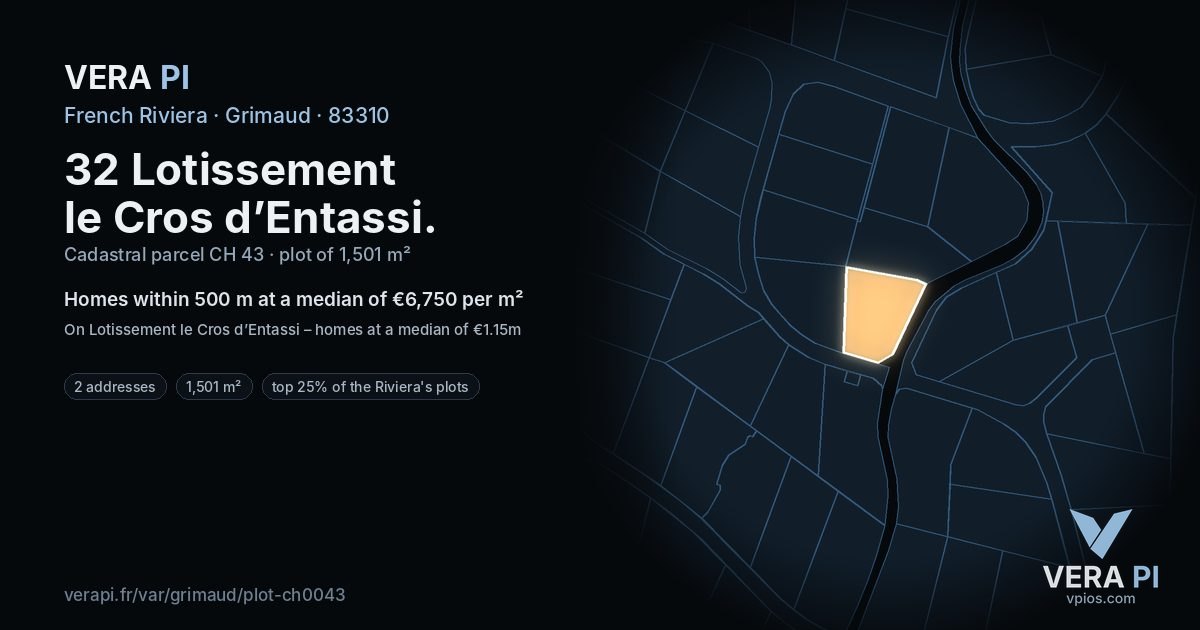 32 Lotissement le Cros d’Entassi, Grimaud at night – the plot lit, the parcels around coloured by the prices near them