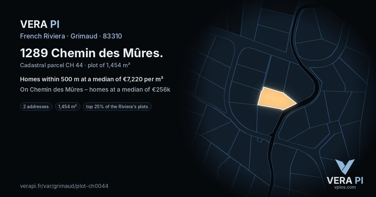 1289 Chemin des Mûres, Grimaud at night – the plot lit, the parcels around coloured by the prices near them