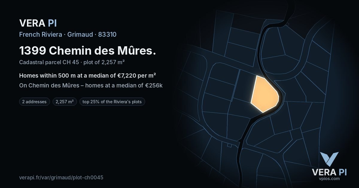 1399 Chemin des Mûres, Grimaud at night – the plot lit, the parcels around coloured by the prices near them