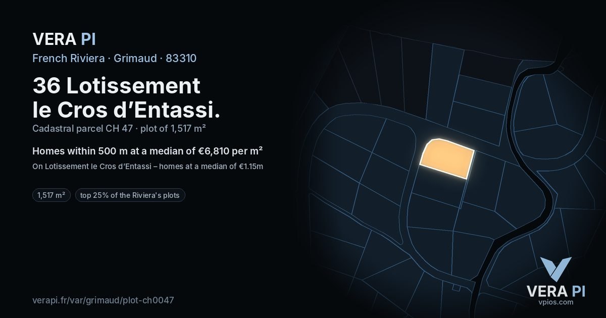 36 Lotissement le Cros d’Entassi, Grimaud at night – the plot lit, the parcels around coloured by the prices near them