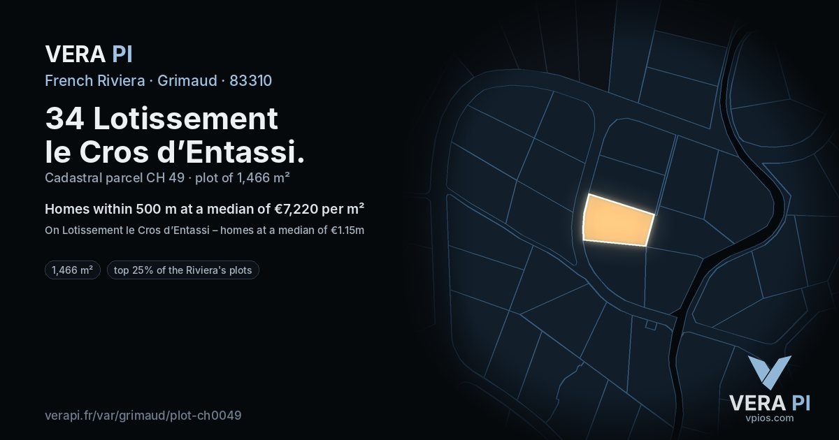 34 Lotissement le Cros d’Entassi, Grimaud at night – the plot lit, the parcels around coloured by the prices near them