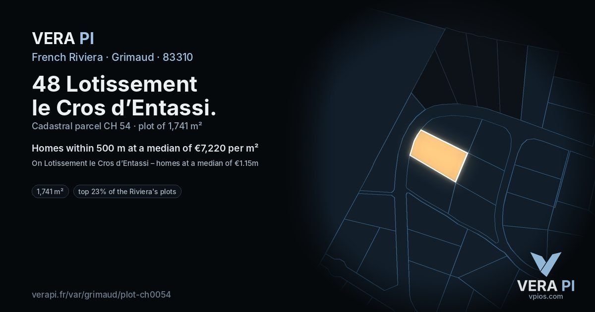 48 Lotissement le Cros d’Entassi, Grimaud at night – the plot lit, the parcels around coloured by the prices near them
