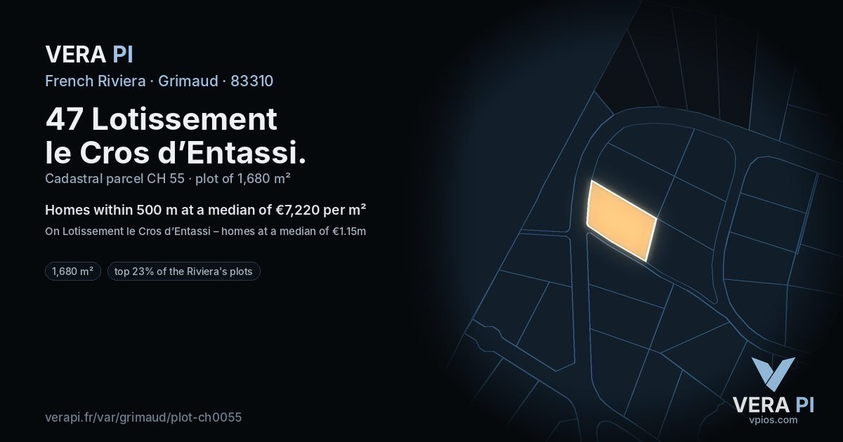 47 Lotissement le Cros d’Entassi, Grimaud at night – the plot lit, the parcels around coloured by the prices near them