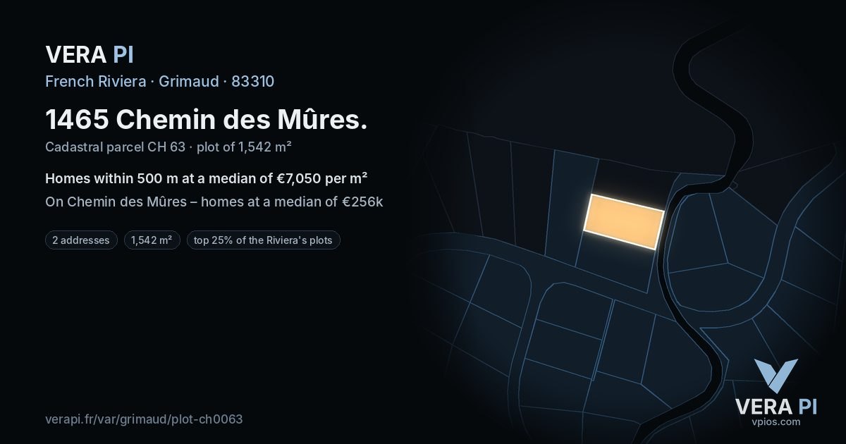 1465 Chemin des Mûres, Grimaud at night – the plot lit, the parcels around coloured by the prices near them