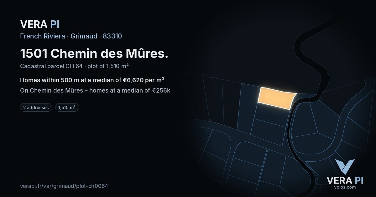1501 Chemin des Mûres, Grimaud at night – the plot lit, the parcels around coloured by the prices near them