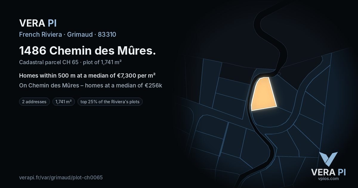 1486 Chemin des Mûres, Grimaud at night – the plot lit, the parcels around coloured by the prices near them